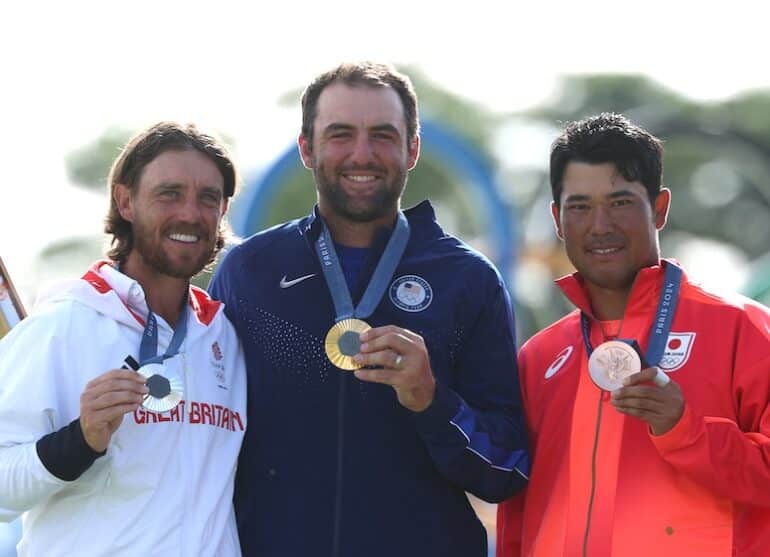 GOLF-PARIS-2024-JEUX-OLYMPIQUES-SCOTTIE-SCHEFFLER-TOMMY-FLEETWOOD-HIDEKI-MATSUYAMA Photo Emmanuel DUNAND / AFP