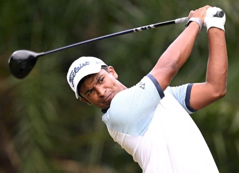 DURBAN, SOUTH AFRICA - FEBRUARY 28: Dylan Naidoo of South Africa tees off on the 14th hole during the second round of the Investec South African Open Championship 2025 at Durban Country Club on February 28, 2025 in Durban, South Africa. (Photo by Stuart Franklin/Getty Images) (Photo by STUART FRANKLIN / GETTY IMAGES EUROPE / Getty Images via AFP)